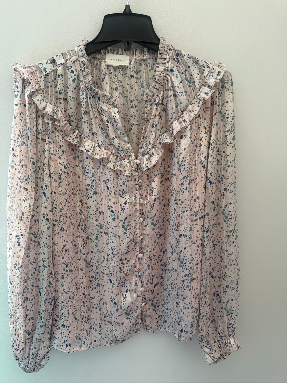 Melloday Pink Gold Metallic Ruffle trim Speckled print button Down Blouse XL